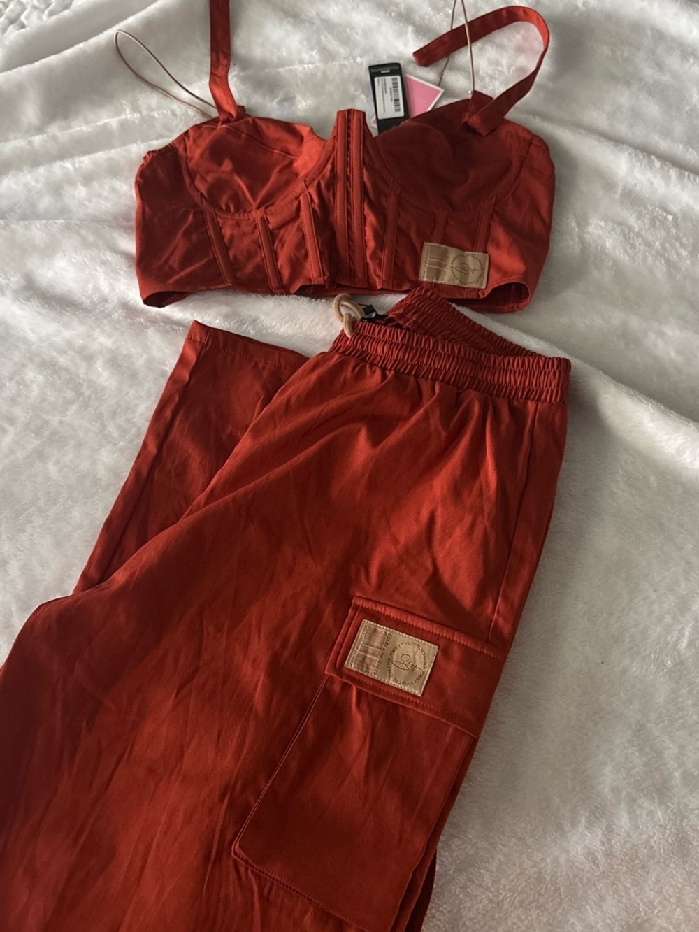 PrettyLittleThing Rust Red Two-Piece Crop Top & Cargo Pants Set